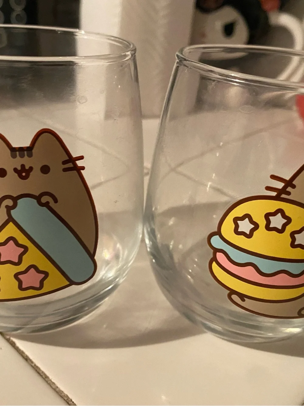 Pusheen Clear Glasses with Yellow, Blue and Pink Snack Art (Set of 2)